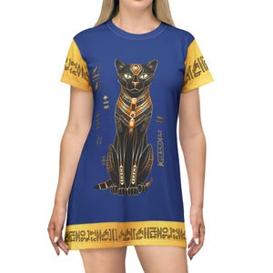 Egyptian Cat Goddess T-Shirt Dress - Hieroglyphic Print, Ancient Egypt Costume, Cleopatra Cosplay Outfit, Pharaoh Theme Party Apparel, Cat
