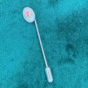 Vintage white metal pink rose flower hat pin