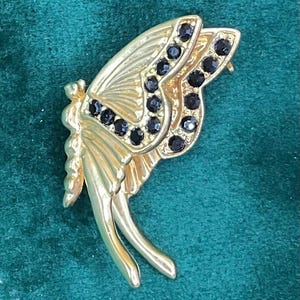 Vintage Gold Butterfly Brooch: Black Sparkly Stones