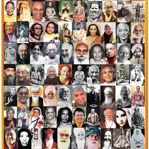 May include: A collage of 100 portraits of spiritual leaders and teachers from various traditions, including Hinduism, Buddhism, Sikhism, Christianity, and Islam. The collage is arranged in a grid pattern and features a diverse range of individuals, including men and women of different ages, ethnicities, and backgrounds.