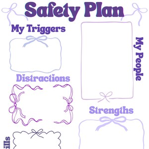 May include: A white and purple "Safety Plan" template with text boxes for "My Triggers," "Distractions," "My Coping Skills," "Strengths," "My People," and "Other Resources." The text is in a purple, bubble-style font. The template is created by Poppy & Jade Therapy Collective.