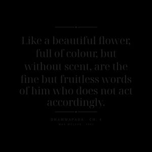 May include: A black graphic print featuring the text: Like a beautiful flower, full of colour, but without scent, are the fine but fruitless words of him who does not act accordingly. Below the text is: DHAMMAPADA - CH. 4 MAX MÜLLER - 1881.