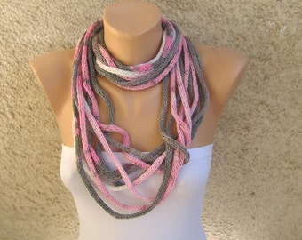 Rope Loop Cotton Scarf Necklace, Circles Pink White Gray Knitted Scarf, Boho Extra Long Infinity Girl Accessories, Trendy Women Gift Idea