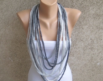 Infinity Loop Scarf in Gray, Ombre Rope Necklace, Knitted Cotton Neck warmer, Versatile Chain Jewelry, Women Accessory, Christmas Gift idea