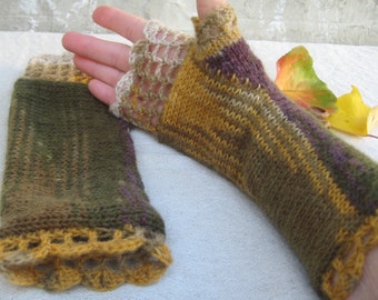 Fingerless Gloves Woodland Colors, Long Texting Knit Mittens, Crochet Lace Women Wrist Warmers, Girl Winter Accessory, Christmas gift idea