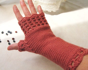 Hand Knit Fingerless Gloves, Long Lace Mittens Brick Wool blend, Women Trendy Feminine Accessories, Winter Fashion, Christmas Gift idea