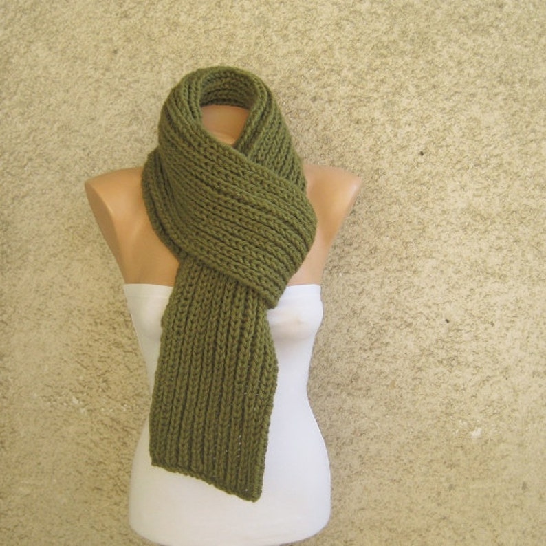 Chunky Knit Men Women Scarf / Army green Long Thick Scarf / Double Face Wool Unisex Scarf / Rib Pattern Winter Accessories / Gift For Him image 2