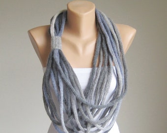 Thick Loop Scarf Necklace Circles, Knit Infinity Rope Scarf, Mohair Grey Loop Scarf, Long Boho Accessories, Winter Spring Women Loop Scarf