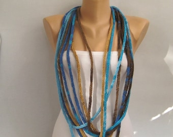 Lazo de collar de punto infinito azul marino, bufanda versátil de algodón de cuerda, calentador de cuello extra largo azul marrón, accesorio para mujer, regalo de Navidad