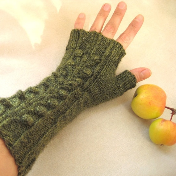 Cable Bobble Hand Knit Fingerless Gloves Fingerless Mittens Long
