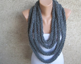 Thick Gray Infinity Scarf Loop Necklace, Rope Charcoal Acrylic Wrap, Urban Fashion Women Accessories, Winter Warm Soft Knitted Loop Scarf