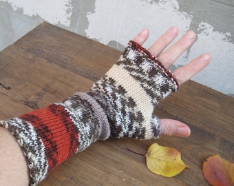 Long Multicolored Fingerless Gloves, Wool Knit Mittens, Red Beige Brown Arm warmers, Fall Winter Women Accessory, Wrist warmers, Gift idea