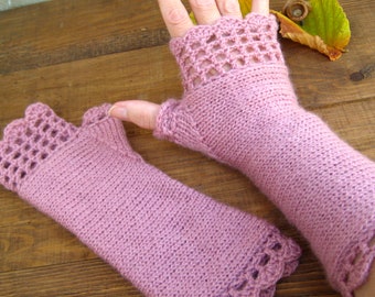 Long Fingerless Gloves in Ash Rose, Texting Knit Mittens Girls, Women Mohair Arm Warmers, Women Winter Accessory, Knitted Lace Wrist Warmers