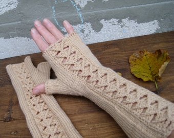 Long Knit Romantic Fingerless Gloves, Beige Girl Fingerless Mittens, Lace Rib Arm Warmers, Fall Winter Women Accessory, Christmas Gift