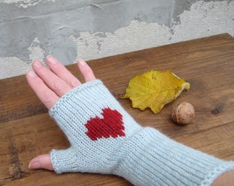 Gray Fingerless Gloves with Red Heart, Wool Fingerless Mittens, Romantic Girl Women Accessory, Knit Winter Arm Warmers, Valentines Day Gift