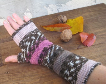 Knit Pink Brown Fingerless Gloves, Wool Multicolored Mittens, Fall Winter Arm warmers, Romantic Girl Women Accessory, Valentine's day gift