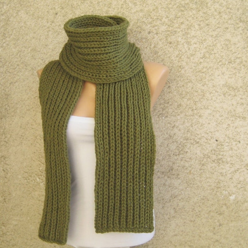 Chunky Knit Men Women Scarf / Army green Long Thick Scarf / Double Face Wool Unisex Scarf / Rib Pattern Winter Accessories / Gift For Him image 3