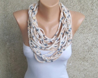 Rope Braided Scarf, Infinity Cotton Loop Necklace in White Beige Blue, Knit Versatile Neckwarmer, Women Fashion Accessories, Gift for Her