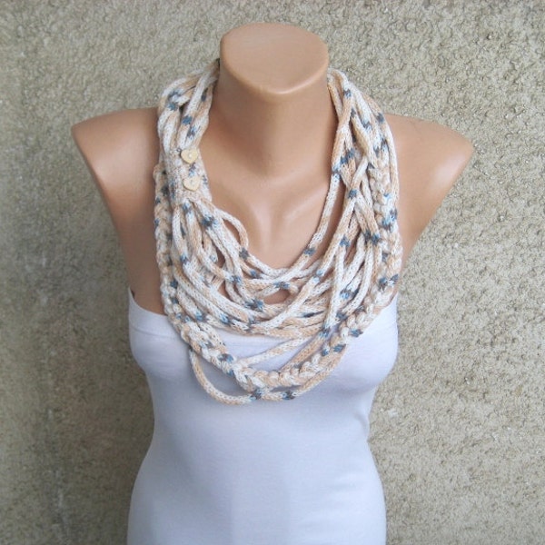 Rope Braided Scarf, Infinity Cotton Loop Necklace in White Beige Blue, Knit Versatile Neckwarmer, Women Fashion Accessories, Gift for Her