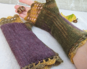 Long Fingerless Knit Gloves, Texting Girl Mittens in Purple Green, Crochet Lace Wrist Warmers, Women Winter Accessories, Christmas gift idea