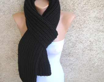 Black Hand Knit Men Scarf, Women Long Thick Shawl, Organic Wool Blend Scarf, Soft Double Face Ribbed Scarf, Warm Unisex Accessory, Gift idea