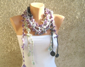 Crochet  Flower Scarf Lariat, Purple Gray Green Set Necklace, Bohemian Beach Scarflette, Women Fashion Accessories, Trendy Lightweight Scarf