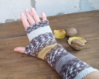 Long Knit Multicolored Mittens, Wool Girl Fingerless Gloves, Mustard Beige Brown Arm warmers, Fall Winter Women Accessory, Christmas gift