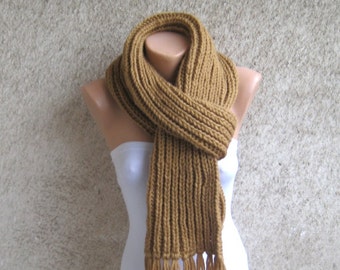 Long Mens Womens Alpaca Scarf, Camel Knit Ribbed Scarf, Thick Double face Wool Shawl, Rib pattern Organic wool Accessory, Christmas Gift