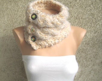 Cable Hand Knit Cowl with Buttons, Girl Neck warmer, Wool blend Neck collar, Women Winter Accessory in Ivory, Fall fashion, Christmas Gift