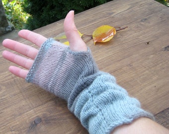 Hand knit fingerless gloves, long ruffle arm warmers, texting gloves women, fall winter mohair mittens, crochet wrist warmer, Christmas gift