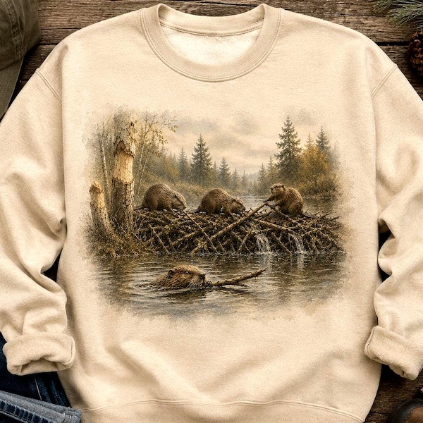 Beaver Dam Sweatshirt, Woodland Animal Pullover Gift, Nature Lover Sweater, Rustic Wildlife Art Present Pullover, Souvenir Naturalist Shirt