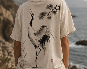 Tsuru-Kranich-T-Shirt, T-Shirt im östlichen Kunststil, T-Shirt mit Bildmuster in bequemen Farben, Kranich-Geschenk-Shirt, minimalistisches Unisex-Vogel-T-Shirt