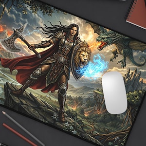 Alfombrilla de ratón de dragón guerrero de fantasía, tapete de mesa de D&D, alfombrilla de ratón de rol de guerrera femenina, tapete de escritorio, set de juego de batalla de dragón de fantasía, regalo para jugadores activos.