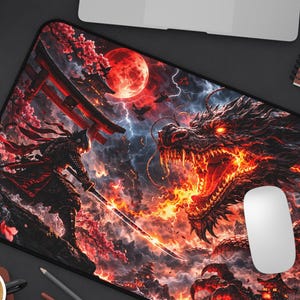侍対ドラゴン大型拡張ファンタジーゲーミングマウスパッド、日本の火竜ゲーマーデスクマット、侍戦士アート、アクティブゲーマーへのギフト。