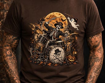 スケルトンドラマーシャツ、ハロウィンドラマーTシャツ、ドラマーギフトTシャツ、スケルトンミュージシャンTシャツ、レトロハロウィンシャツ、ロックミュージックギフトシャツ