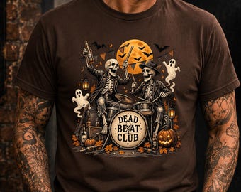 メンズ デッドビートクラブシャツ、スケルトンドラマーTシャツ、面白いハロウィンTシャツ、レトロスケルトンTシャツ、ドラマーギフトTシャツ、ハロウィンミュージックシャツ
