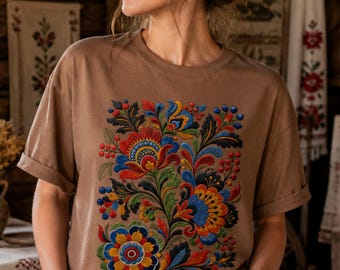 Frauen ethnischen Komfort Farben T-Shirt, gestickte skandinavischen Blumendruck Shirt, Botanische Kunst Tshirt, Land Gärtner Boho Geschenk Tee