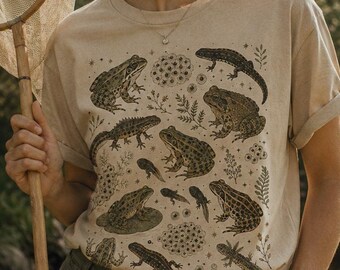 Retro-Frosch-Shirt, Amphibien-Kunst-T-Shirt, Geschenk-T-Shirt für Krötenliebhaber, Geschenk-T-Shirt für Naturliebhaber, Biologie-Pädagogen-T-Shirt, Cottagecore-Frosch-Shirt