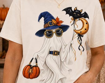 女性用ゴースト魔女シャツ、かわいいハロウィンTシャツ、ファッショナブルなゴーストTシャツ、魔女風のおしゃれな女の子シャツ、不気味な季節のTシャツ、面白いハロウィンギフトシャツ