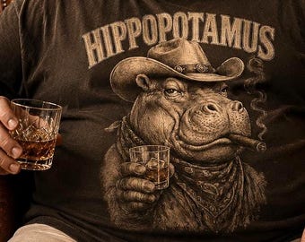 Lustiges Nilpferd T-Shirt, Cowboy Nilpferd Shirt, komfortables Western Comfort Farben Tshirt, humorvolles Retro Tier T-Shirt, Männer und Frauen Geschenk T-Shirt