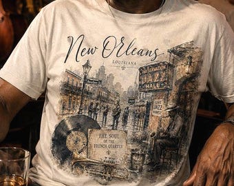 New Orleans Louisiana Shirt, Jazz Liebhaber T-Shirt, French Quarter Reise Shirt, Aquarell New Orleans T-Shirt, Musik Liebhaber Geschenk, Gildan 5000