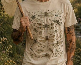 Retro-T-Shirt mit Libellenmotiv und goldenen Flügeln, Entomologen-T-Shirt, Shirt für Naturliebhaber, Geschenk-T-Shirt für Insektenfreunde, T-Shirt für botanische Naturforscher