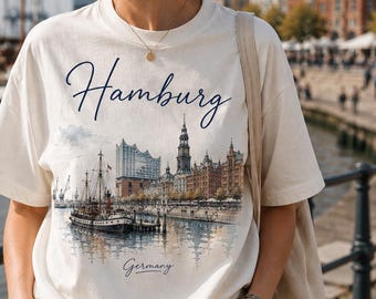 Vacation Hamburg Travel T-shirt, Port Hamburg Travel Tshirt, Watercolor Art City International Port Shirt, German City Elbphilharmonie Gift