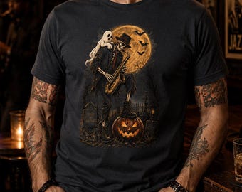Skelett-Saxophon-Shirt, Halloween-Jazz-T-Shirt, Skelett-Musiker-T-Shirt, Retro-Jazz-Geschenk-T-Shirt für Saxophonisten, Gruseliges Halloween-T-Shirt