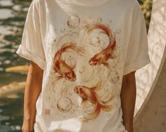 Koi-Fisch-Shirt, T-Shirt im östlichen Kunststil, T-Shirt mit Farbmotiv, Goldfisch-Motiv, Künstlerisches Unisex-Koi-T-Shirt, Geschenk-T-Shirt