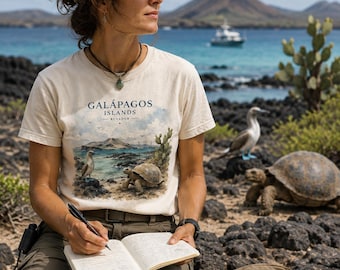 Souvenir Galápagos Islands Shirt, Watercolor Art Ecuador’s wildlife Shirt, Giant Tortoise Blue-footed Booby Shirt, Travelers Nature Gift Tee