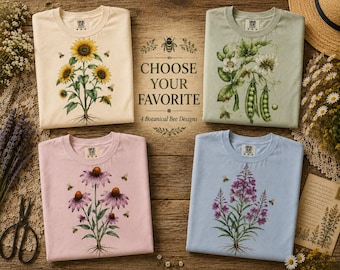 Bienen- und Pflanzen-T-Shirt, Retro-Botanik-Shirt, Comfort Colors Damen-Garten-T-Shirt, Cottagecore-Blumen-T-Shirt, Geschenk-T-Shirt für Naturliebhaber
