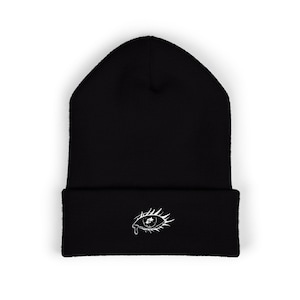 Sad Girl Eye Embroidered Beanie for | Cozy Vibes | Winter Essential | Streetwear Accessory | Unisex Cuffed Hat