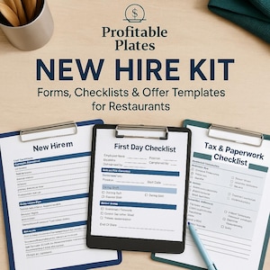 Kit para nuevos empleados de restaurante / Carta de oferta de trabajo + Lista de verificación + Código de conducta / Formularios de RR. HH. para personal de cocina / Platos rentables
