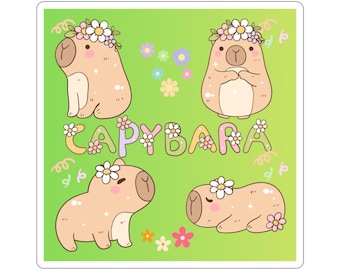 Adesivo de Capivara, Adesivo Fofo de Animal, Design Floral, Adesivo Adorável para Laptop, Adesivo em Cores Suaves, Presente para Amantes de Capivaras, Adesivo Recortado com Precisão
